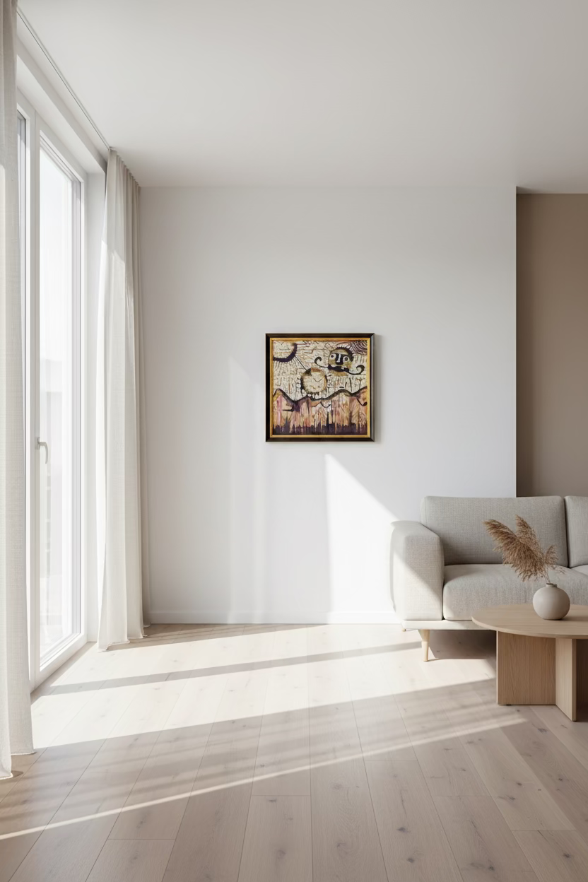 Framed artwork with abstract design on a textured wall